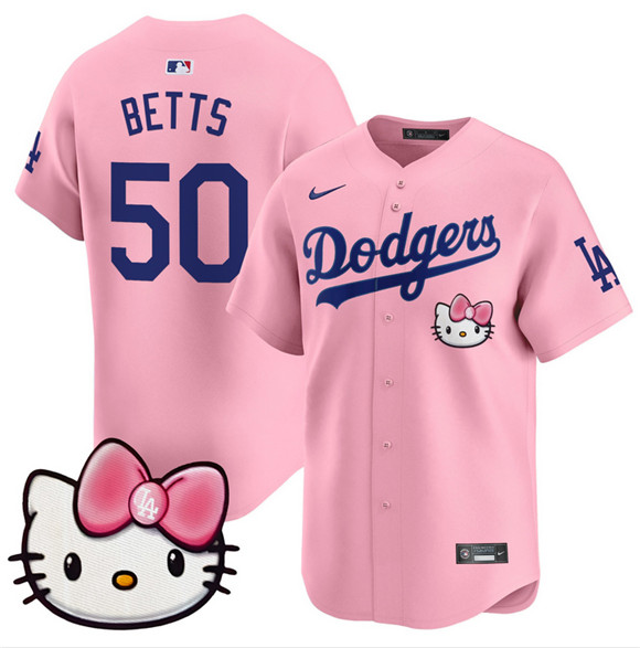 Men's Pink Los Angeles Dodgers #50 Mookie Betts 2025 Hello Kitty Vapor Limited Stitched Baseball Jersey